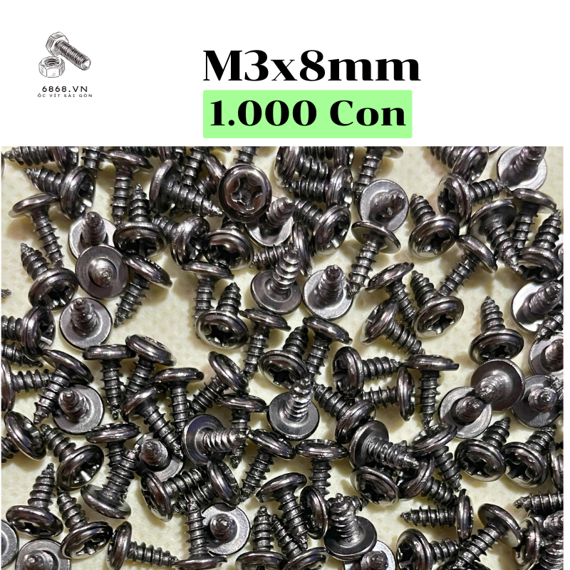 [Túi 1.000 Con] Ốc Vít M3 dài 8mm Đầu Long Đền Liền Màu đen bóng Chống Rỉ Tốt – Vít Nhọn Tự Bắt Linh Kiện Điện Tử