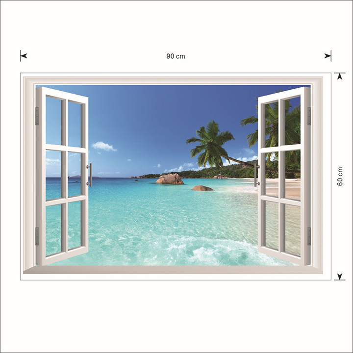 Decal dán tường hình cửa sổ bãi biển