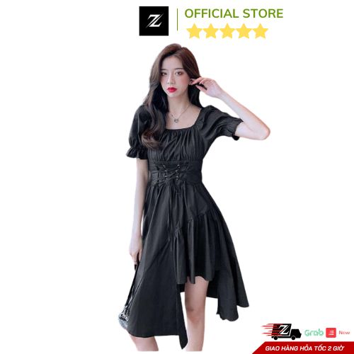 Đầm suông dáng dài cổ vuông lệch tầng đan dây eo xinh xắn ZCITY
