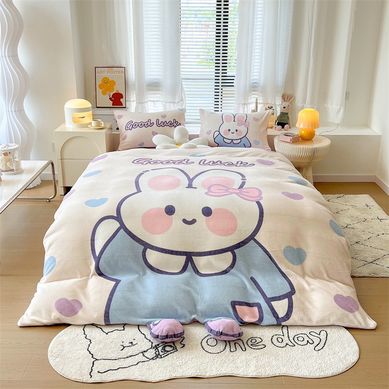 Bộ chăn ga gối nỉ nhung hoạt hình siêu ngộ nghĩnh cho bé, bộ 4 món chăn ga gối hàng nhập cao cấp