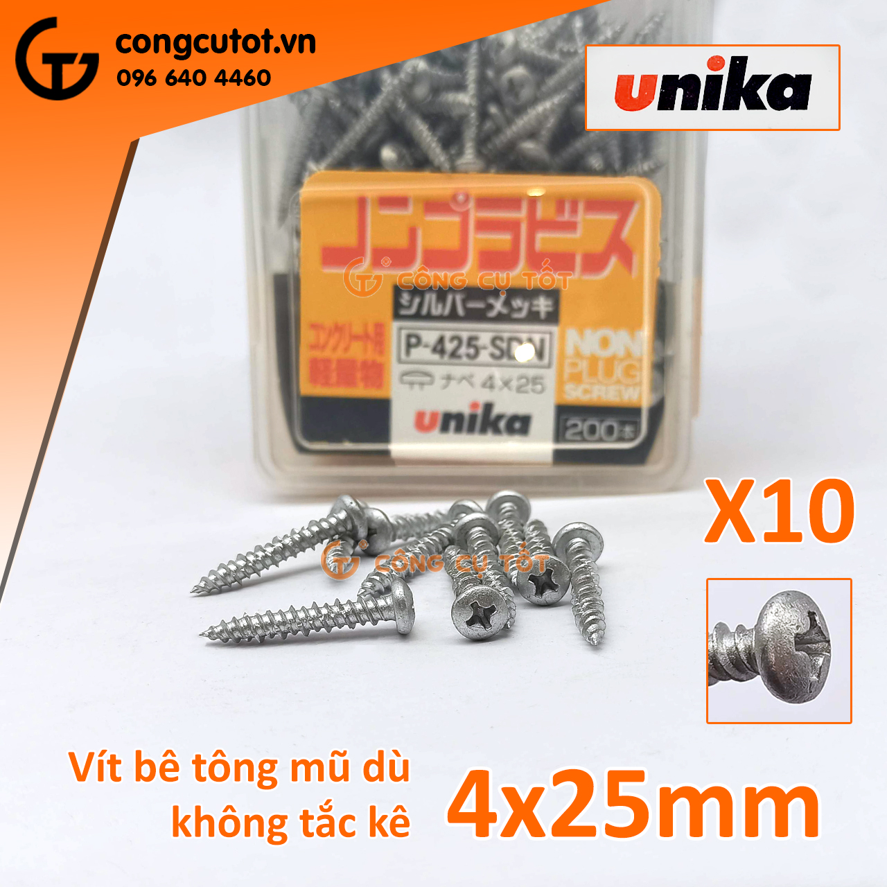 10 con Vít nở tường - Ốc vít không cần tắc kê Unika Nhật Bản đầu dù mã P