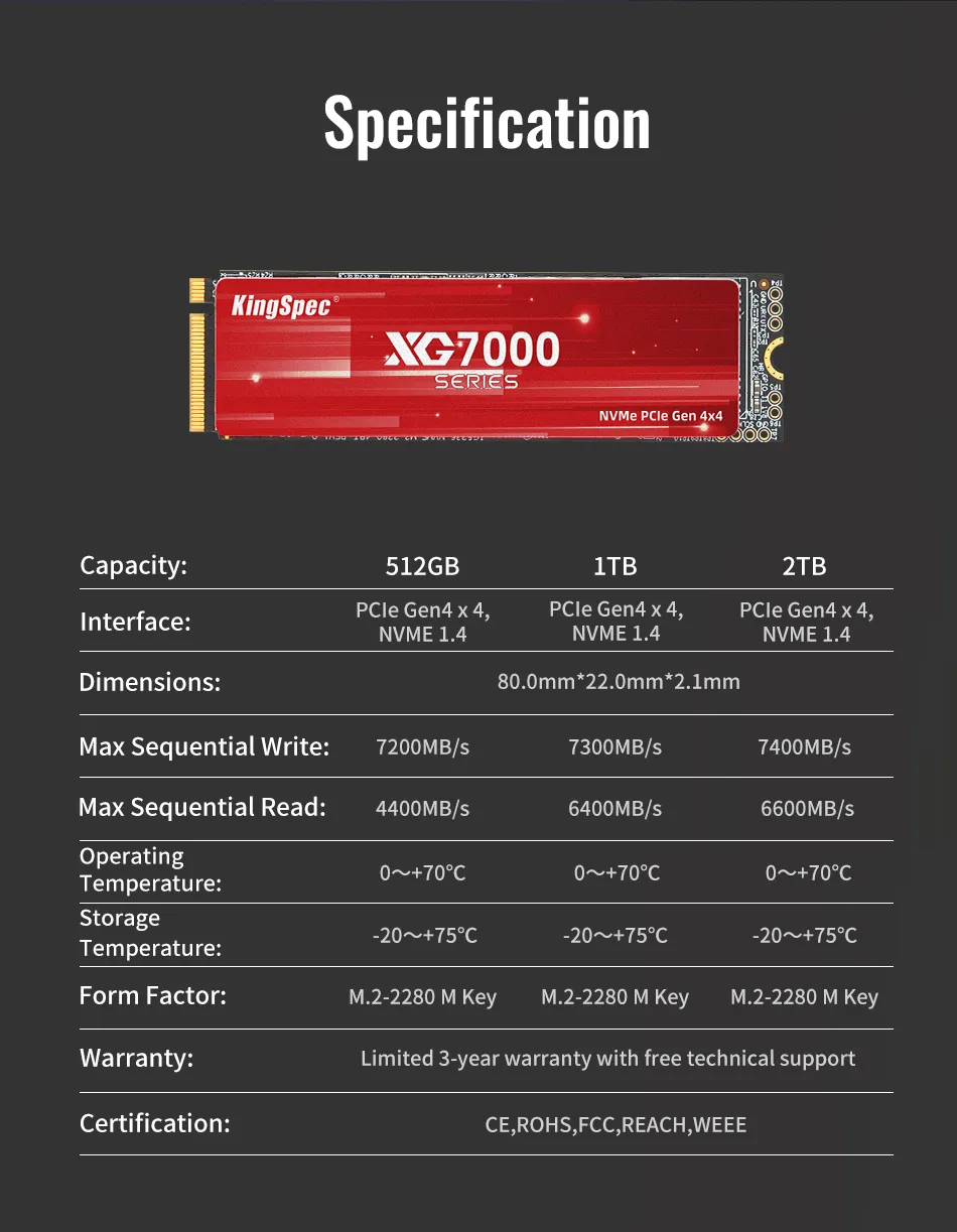 KingSpec XG7000 SSD M2 NVMe 1TB Ssd M.2 2280 PCIe 4.0 SD Nmve Gen4 Cho laptop, desktop, ps5