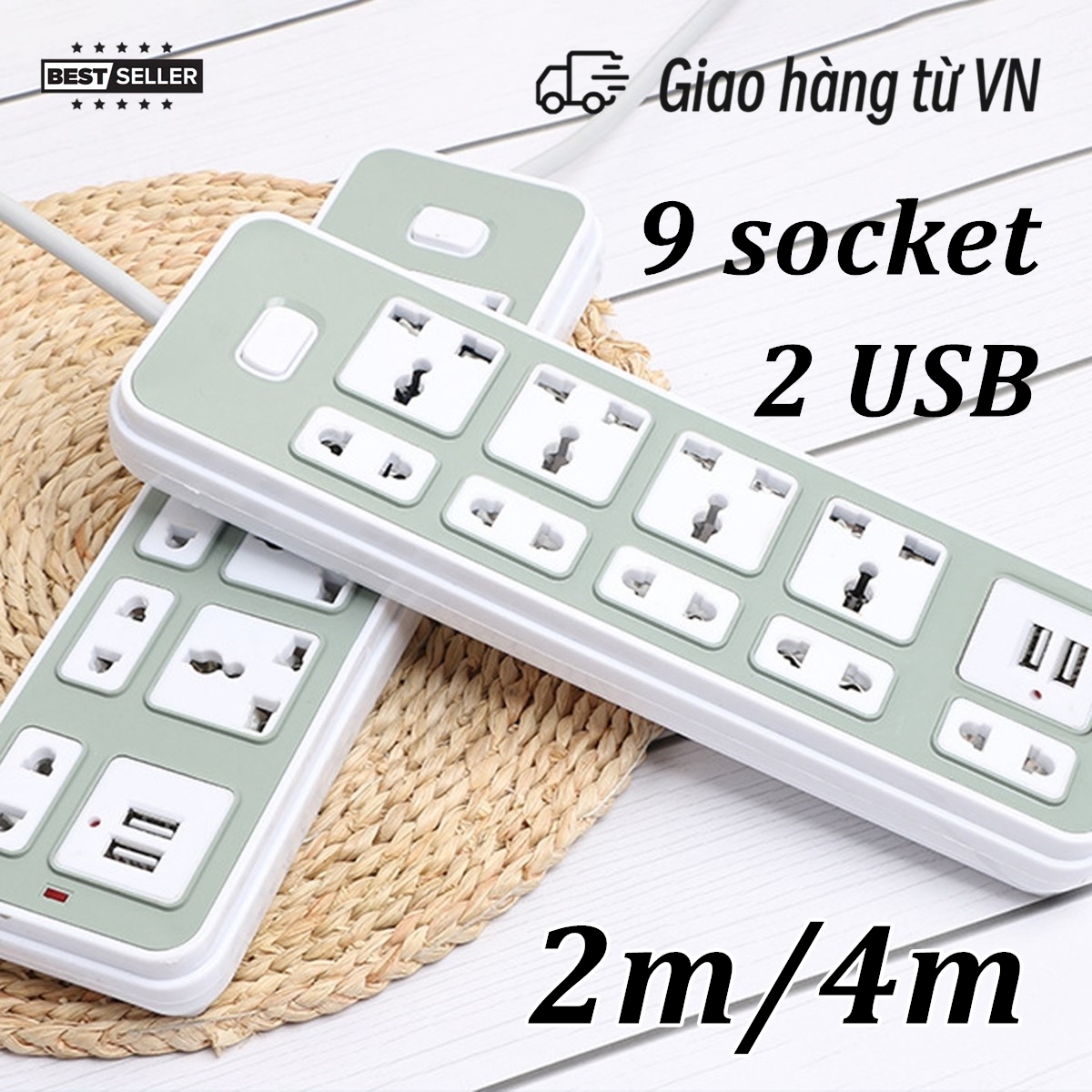Colorful Socket Power Extension Cord with 9 Universal Socket and 2 USB Ports Charger, 2m/4m