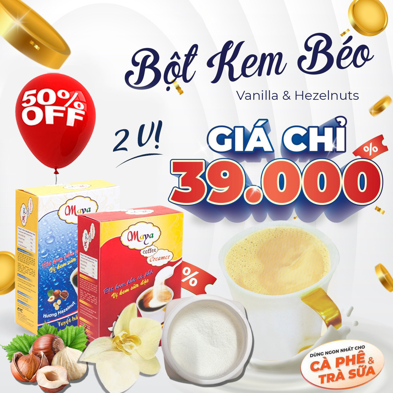 COMBO: Bột kem pha cà phê Maya (Vani 170g + Hazelnut 170g)