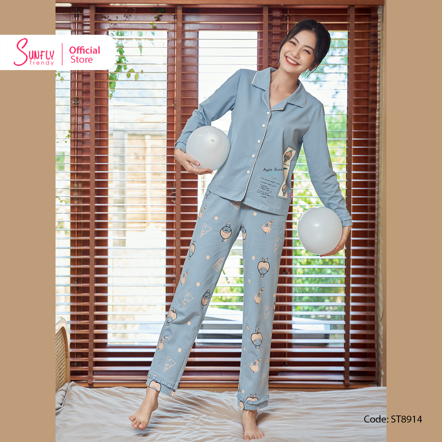 Bộ đồ mặc nhà nữ pyjamas cotton sunfly áo dài quần dài st8914