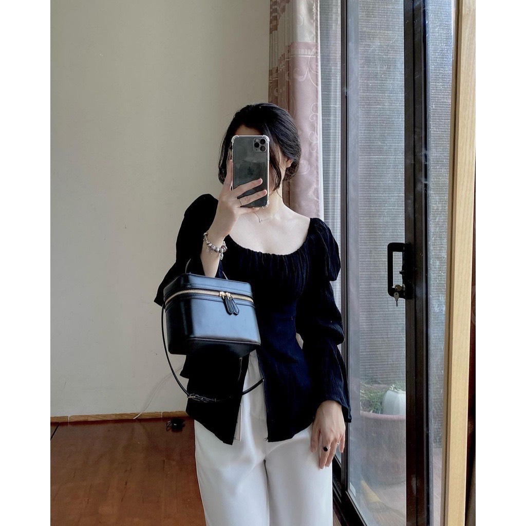 Áo kiểu tay dài nữ BIGSIZE (55-75kg) cổ vuông xẻ tà giữa sexy chất lụa ngọc trai SAA05 - [LALA Bigsize]