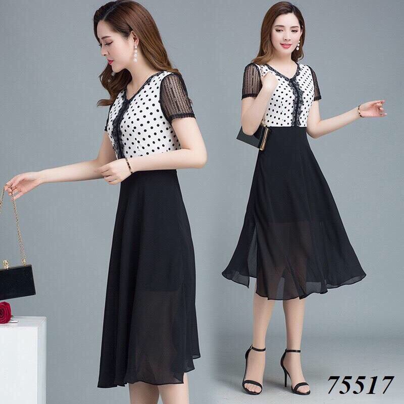 Đầm xòe voan chấm bi phối ren siêu xinh