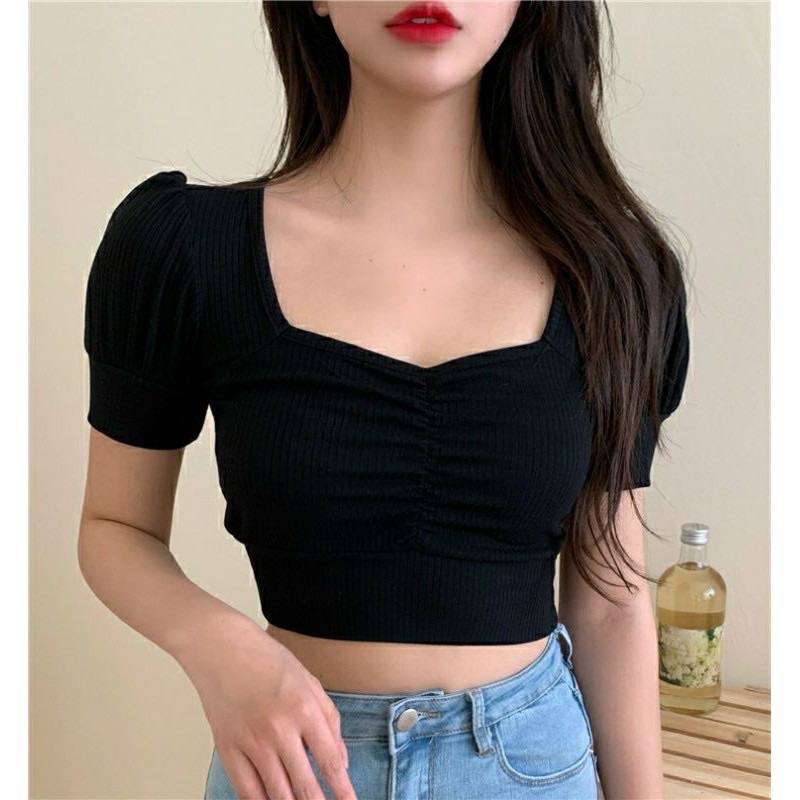 Áo croptop kiểu nữ tay ngắn phồng chất đẹp xịn, co dãn thoải mái