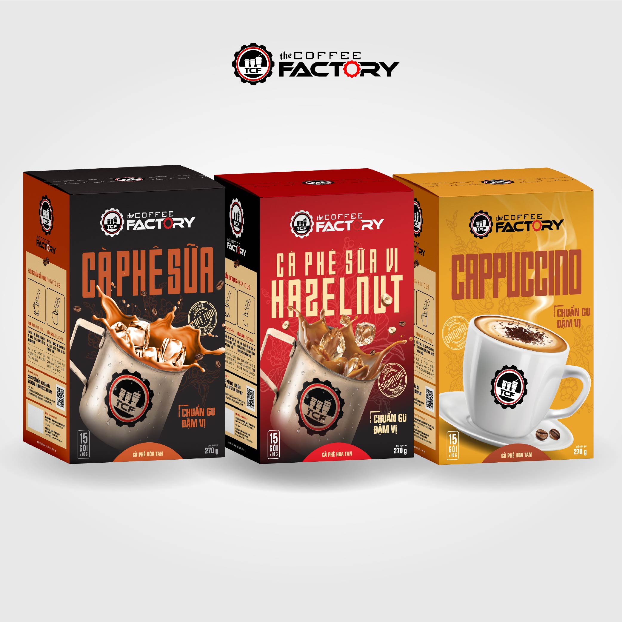 Combo 3 hộp cà phê hoàn tan The Coffee Factory : Cà phê sữa + Cappuccino + Cà phê sữa vị hazelnut
