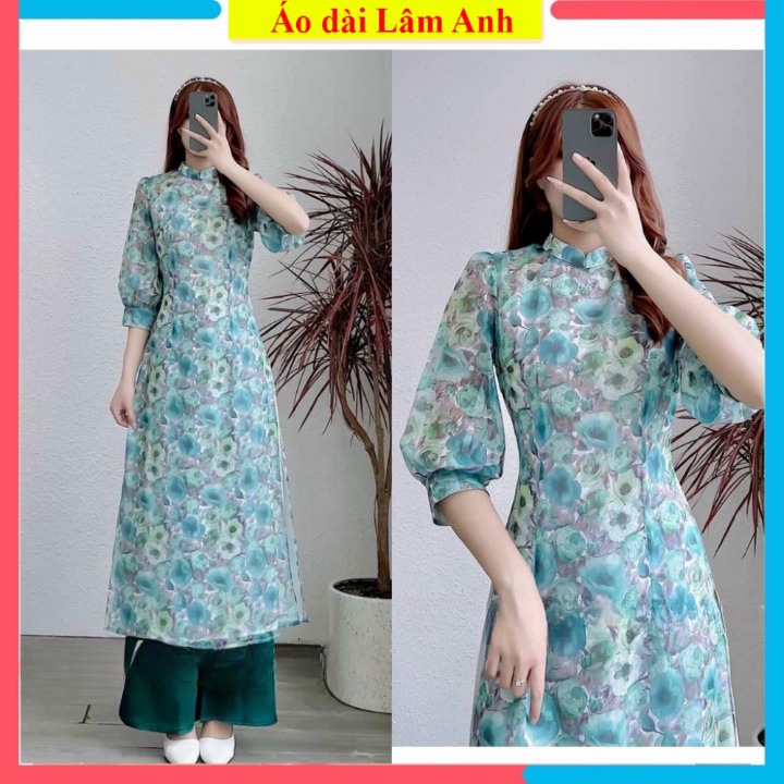 Áo dài cách tân 4 tà chất von tơ cao cấp trẻ trung màu xanh- áo dài hoa nhí 4 tà