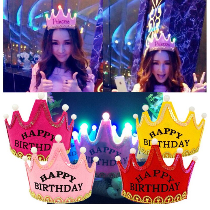 Cài tóc Vương miện đèn led phát sáng Cài tóc Happy Birthday nhựa, Cài tóc Happy Birthday mạ, Cài tóc Happy Birthday đính đá sinh nhật dễ thương