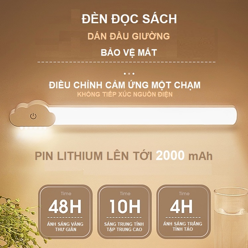 Đèn LED Sạc điện đọc sách gắn đầu giường, dán tường, sạc điện điều chỉnh cảm ứng, ba chế độ sáng chống cận