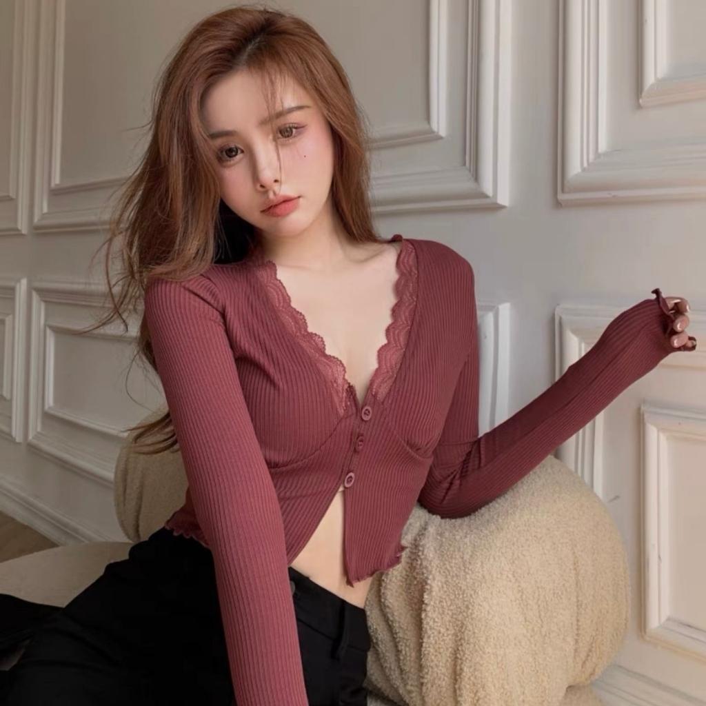 Áo croptop tay dài pinkstore29 cài cúc hở ngực quyến rũ a5495