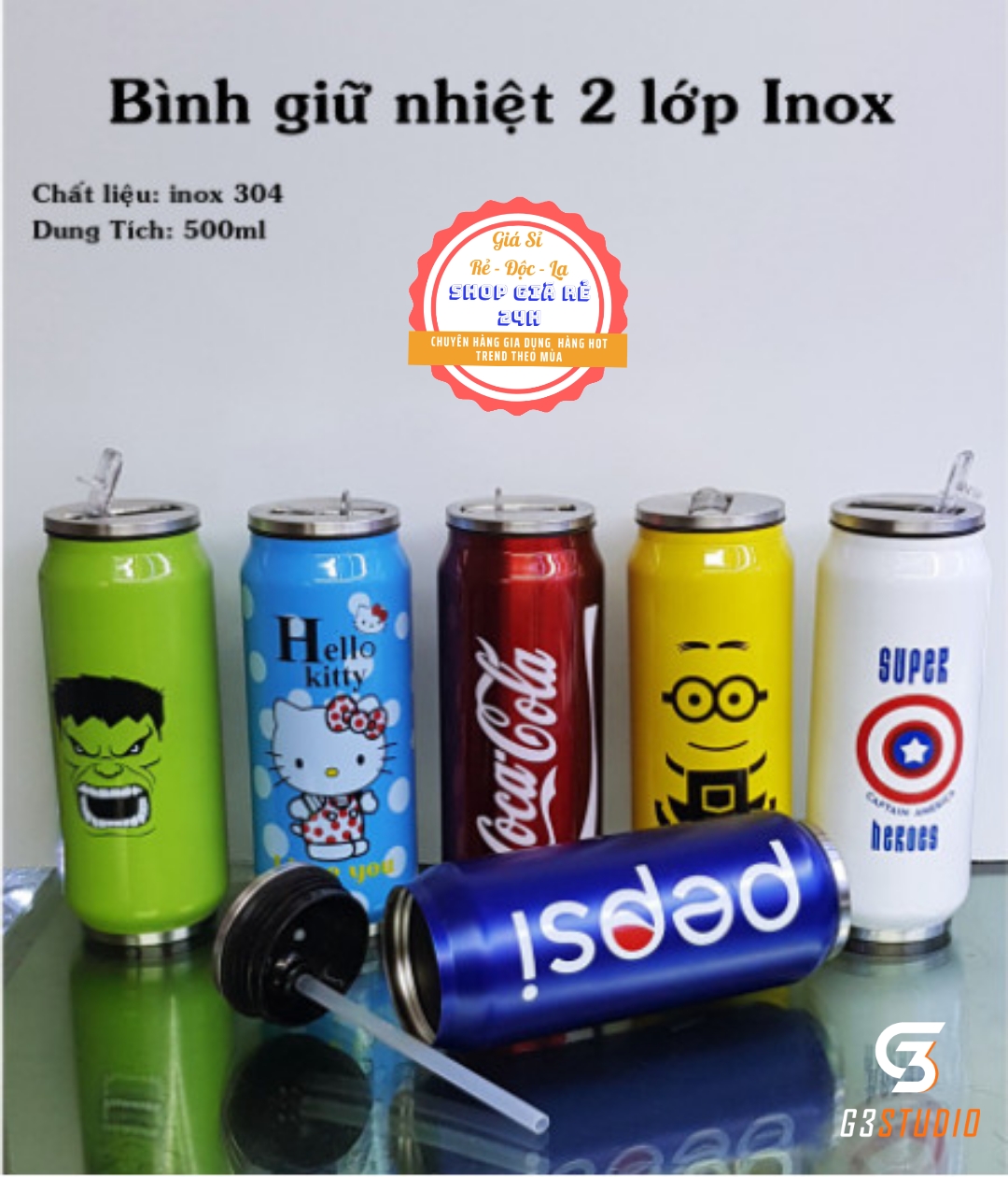 [HCM]BÌNH GIỮ NHIỆT PEPSI - COCA 500ML CÓ ỐNG HÚT PHONG CÁCH