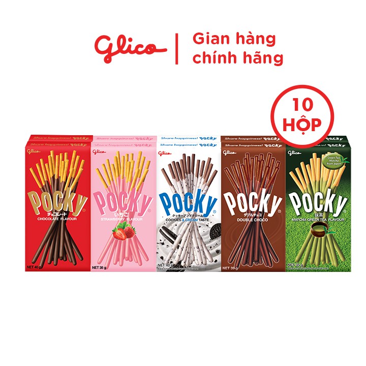 Combo Bánh Snack Que Pocky Full Happiness x 10 Hộp 610G (2 Sô Cô La X 2 Cookie & Cream X 2 Dâu X 2 Trà xanh X 2 Double Sô Cô La) thích hợp đồ ăn vặt