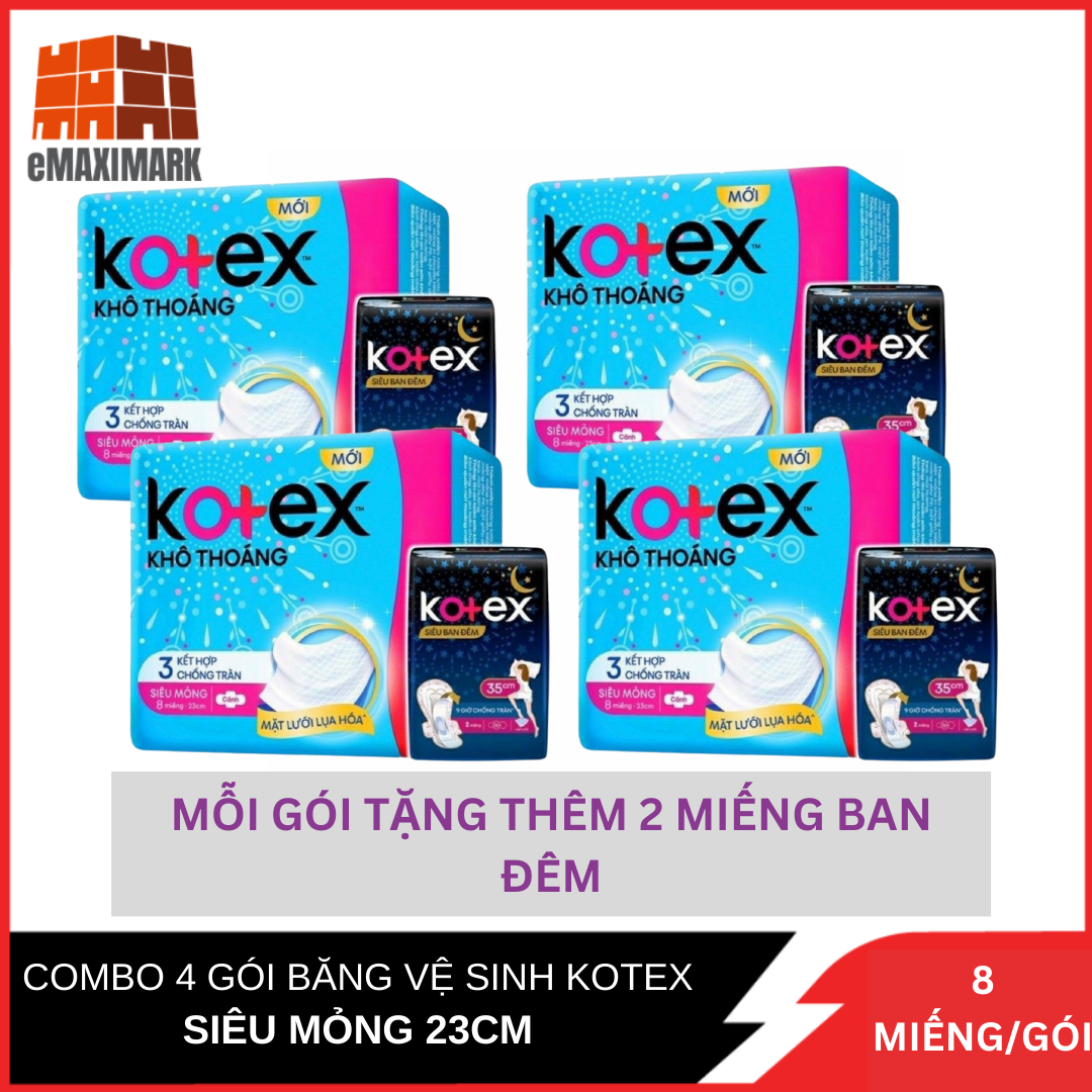 Combo 4 băng vệ sinh kotex khô thoáng 23cm siêu mỏng không cánh 8miếng/gói tặng 2 miếng bvs ban đem 28cm