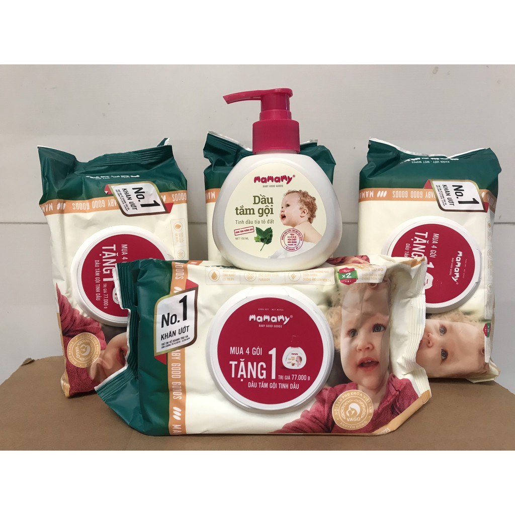 Combo 4 bịch khăn ướt mamamy 80 tờ tặng sữa tắm 200ml
