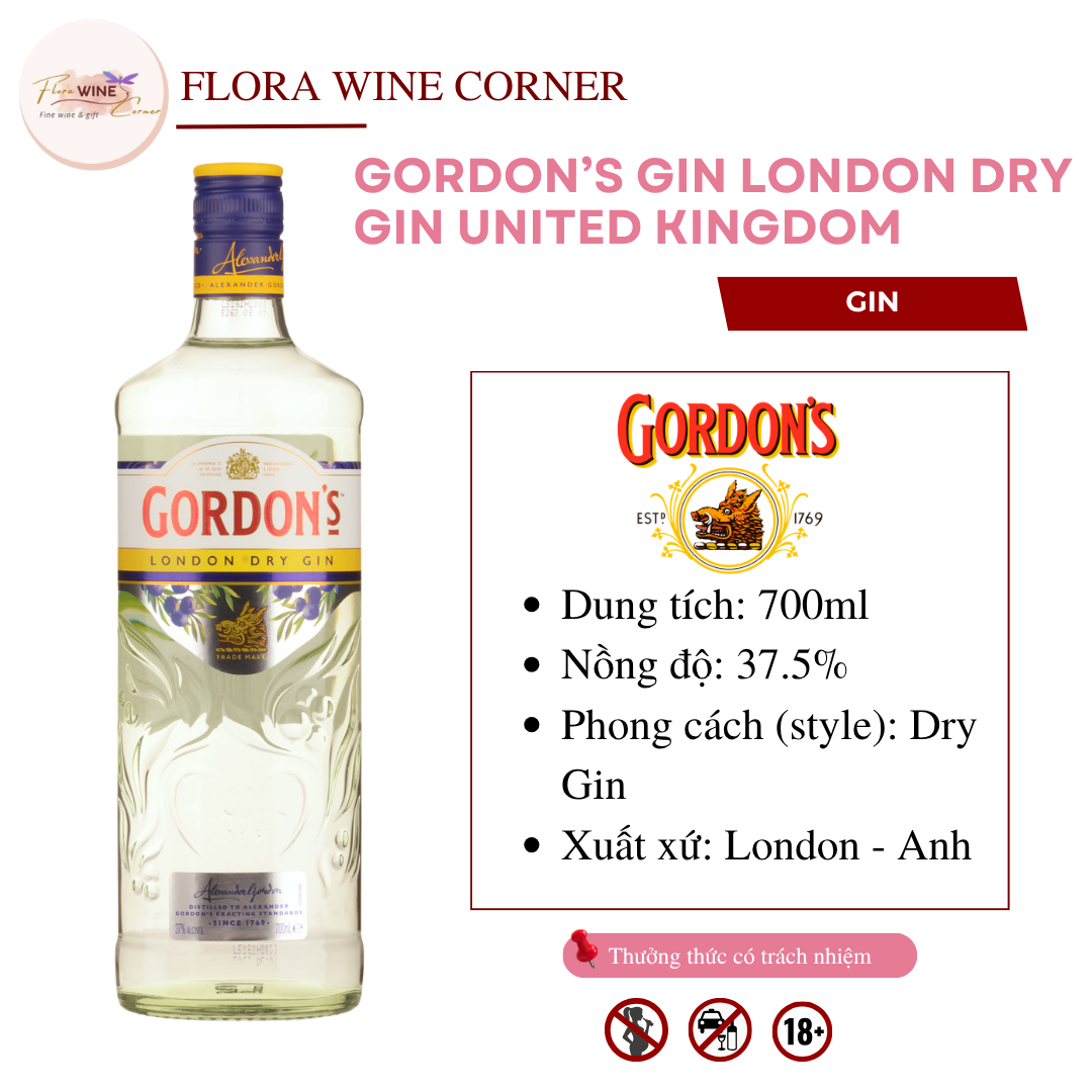 Rượu mạnh Gin UK Gordon’s London Dry Gin – Nồng độ 37.5% Alc, 700ml - Nhập khẩu Chính Hãng