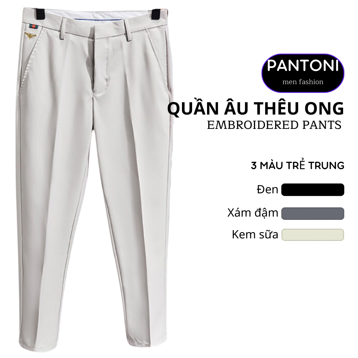Quần âu nam PANTONI thêu ong họa tiết, ống suông cao cấp, phong cách Hàn Quốc (BGTO)