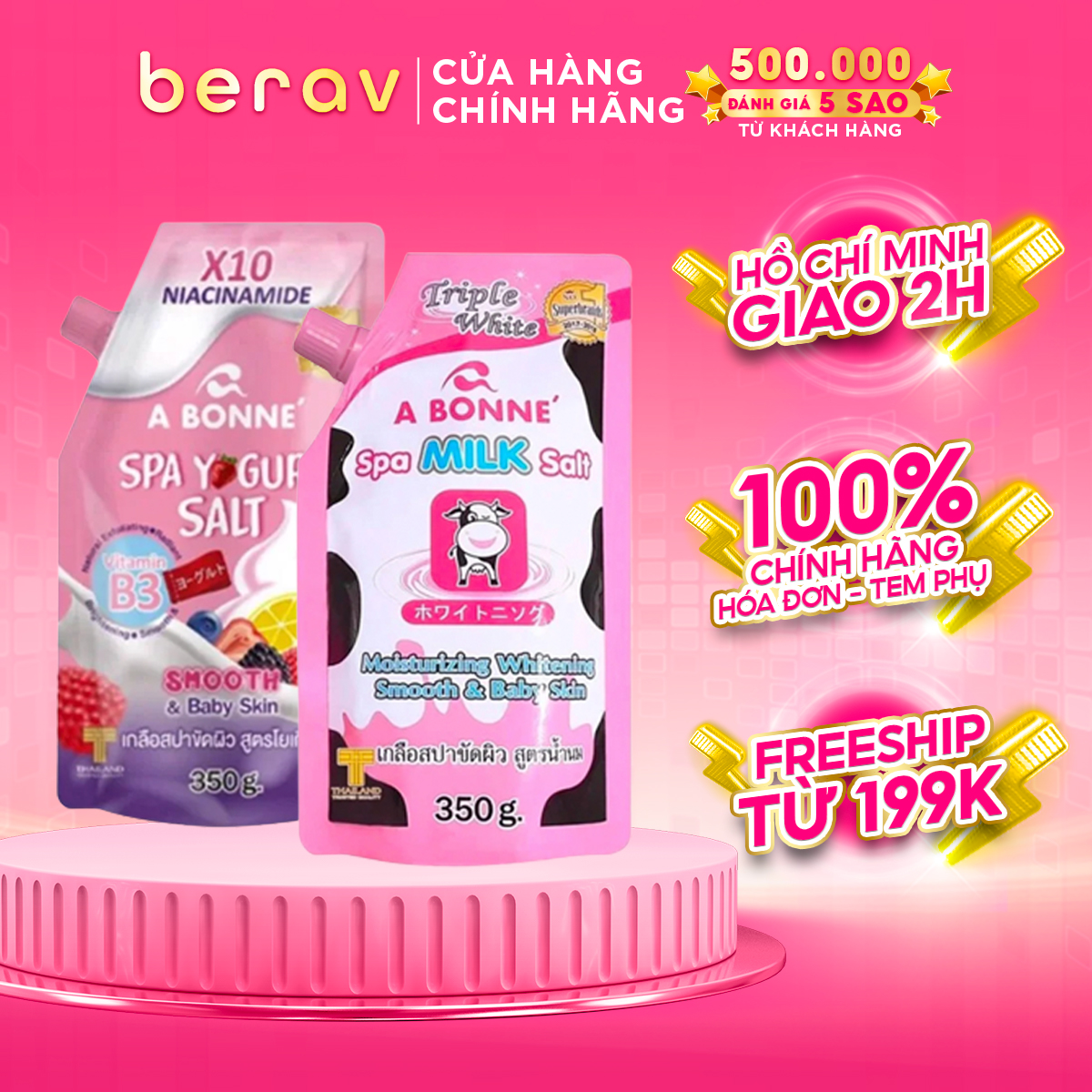 Combo 2 Bich Muối Tắm Sữa Bò + Yogurt Salt Spa A Bonne' Thái Lan Giúp Tái Tạo Da, Làm Mềm Da 350gx2 (Có Vòi)