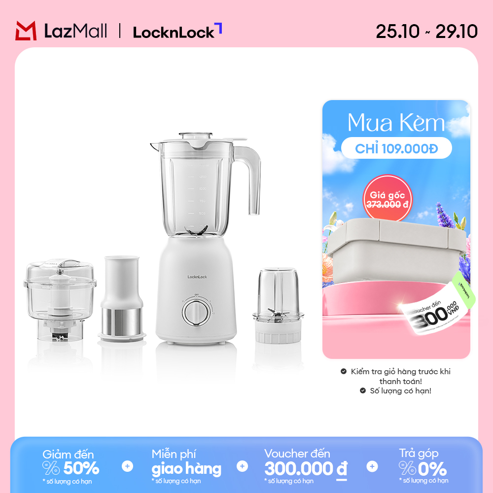 EJM416WHT Máy xay sinh tố đa năng LockLock 1.5L, 800W - Xay sinh tố/đá/hạt khô/thịt, lõi có lọc nước ép, 3 tốc độ xay - Hàng chính hãng