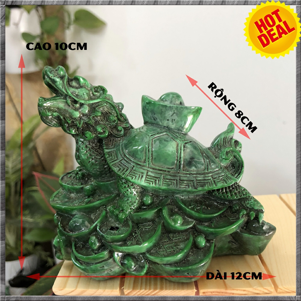 [Linh vật phong thủy] Tượng đá trang trí phong thủy Long Quy cõng thỏi vàng chiêu tài lộc - Cao 10cm - Màu xanh lục bích