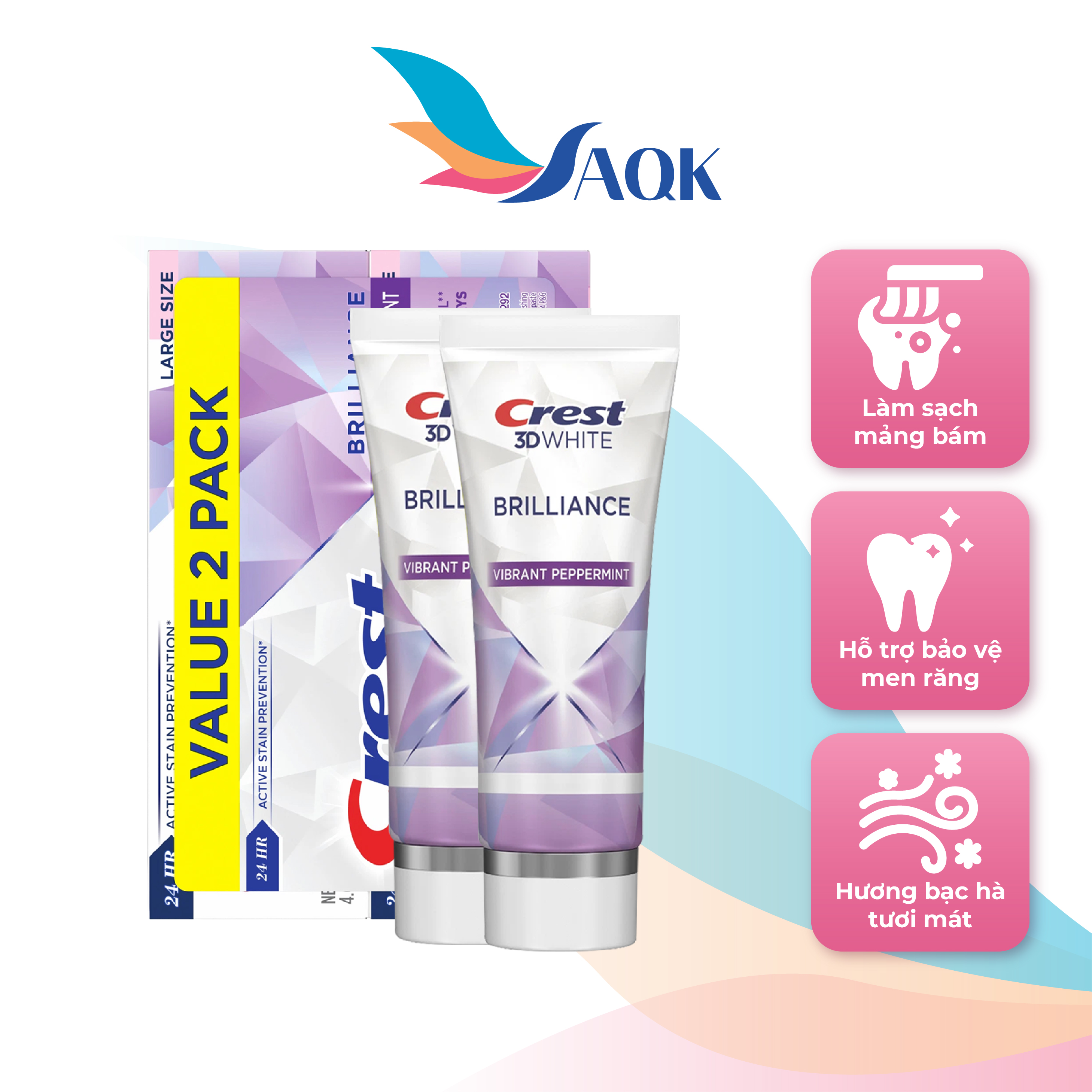 Combo kem đánh răng Crest 3D White Brilliance Vibrant (130g x 2) - Giúp làm trắng răng và giữ hơi thở sạch mát mỗi ngày
