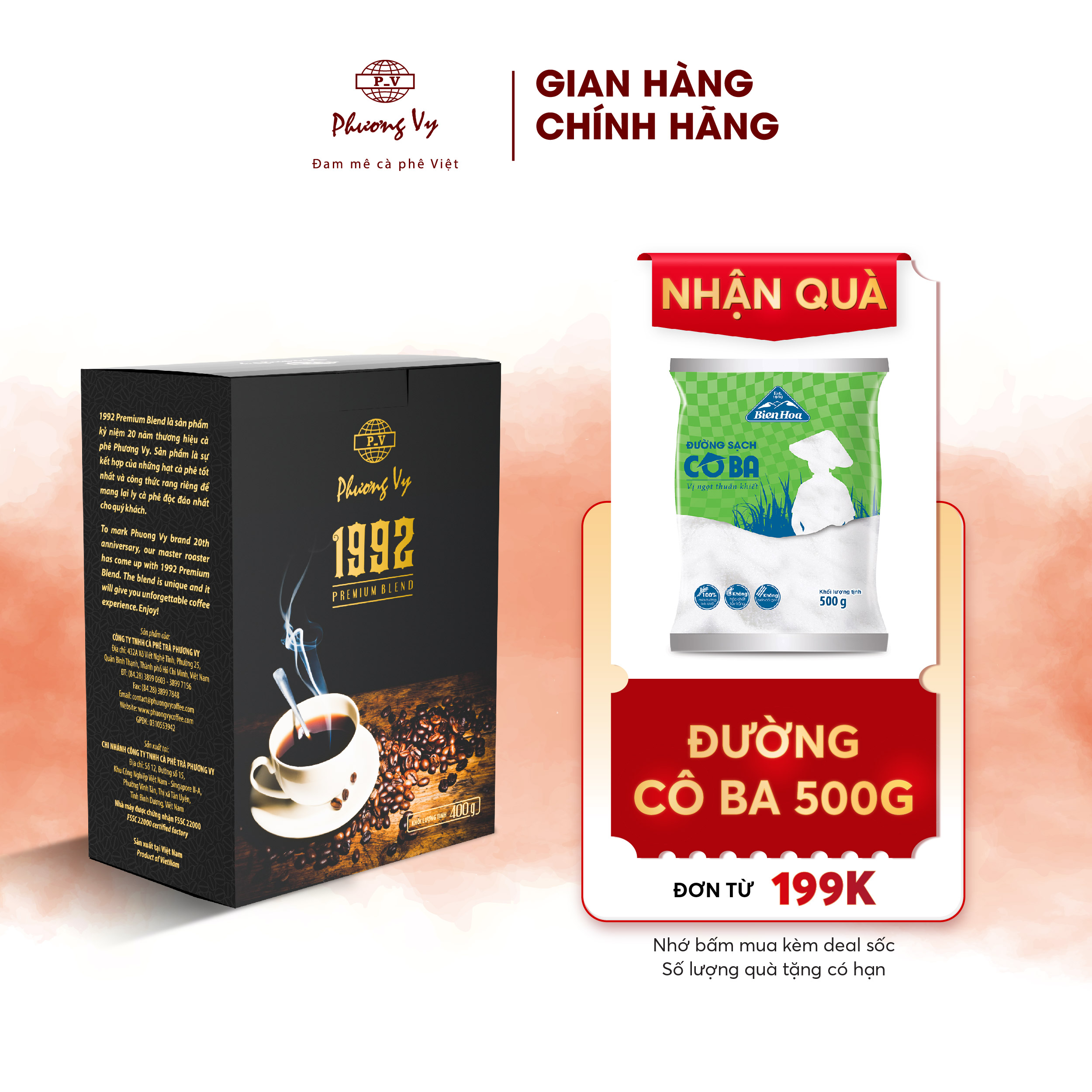 Cà Phê Truyền Thống 1992 Premium Blend 400g hương thơm nồng nàn, vị đậm đà, hậu đậm, dành cho pha phin, Phương Vy Coffee