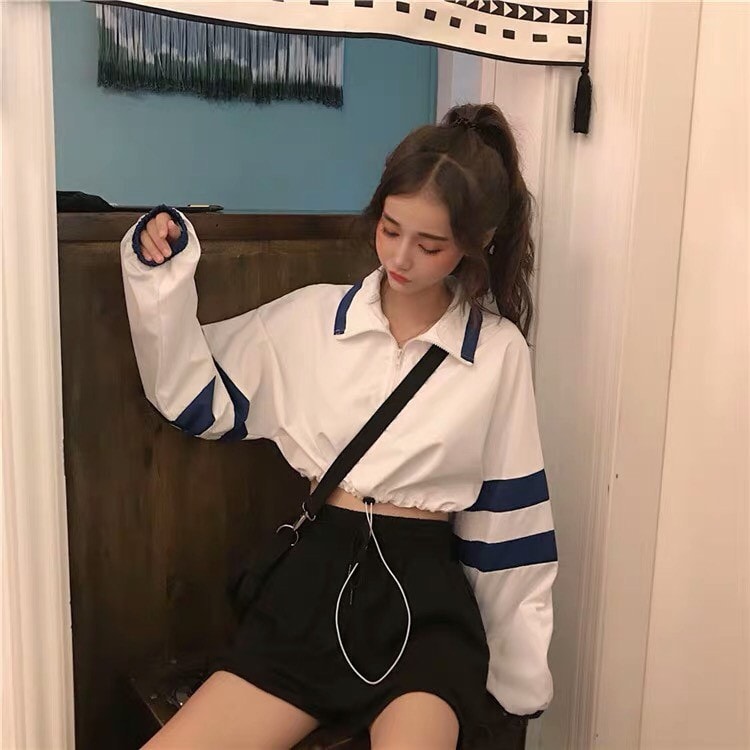 Áo croptop dây rút eo cổ bẻ dây kéo tay dài cá tính Trắng