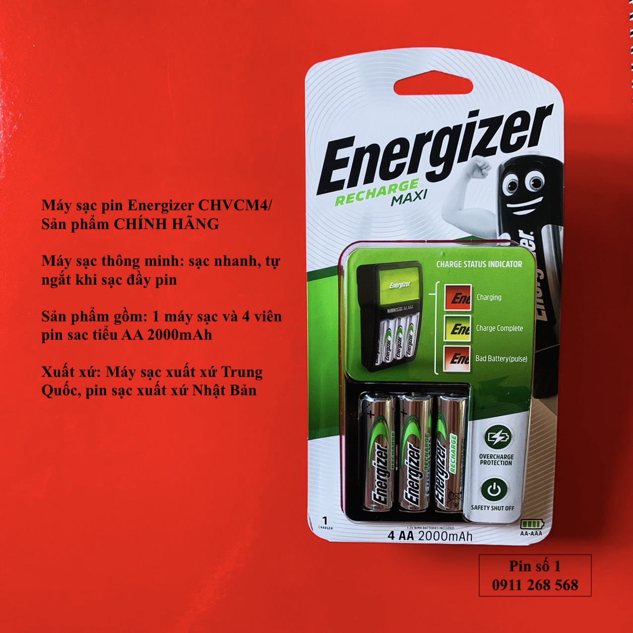 Máy sạc nhanh , tự ngắt energizer chvcm4 kèm 4 pin tiểu sạc 2000mah
