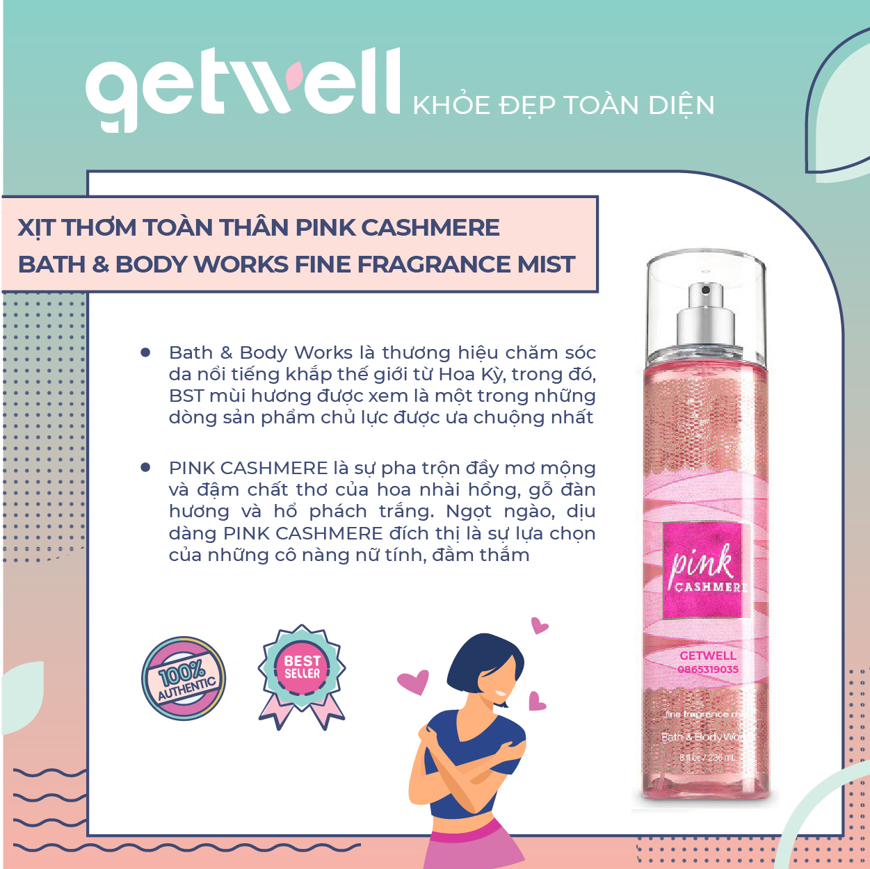 [HCM]Xịt thơm toàn thân PINK CASHMERE Bath & Body Works Fine Fragrance Mist