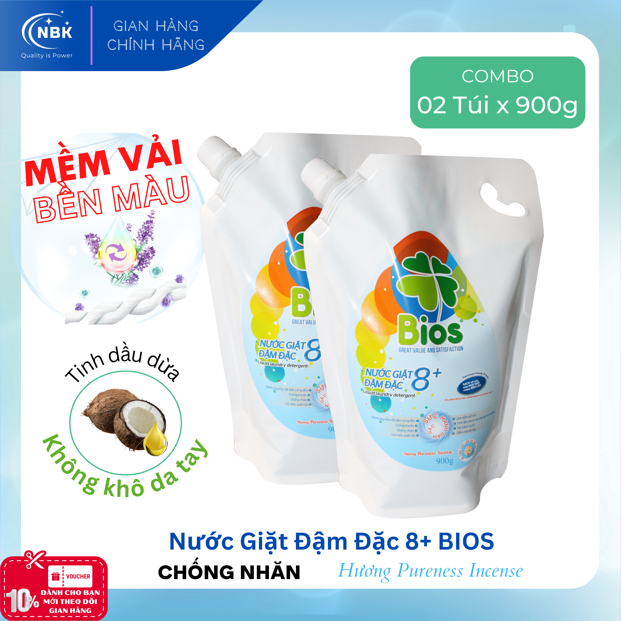 Combo 02 Packs BIOS Liquid Laundry Detergent Clean and Gentle - Ultra Stain Remover, Color Protector, Pureness Incense