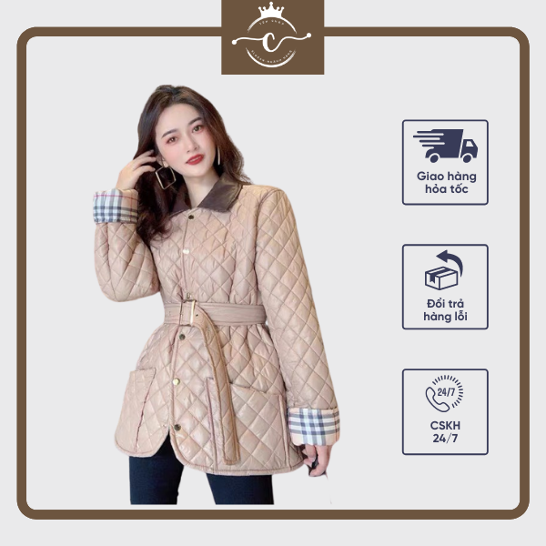 Sp25 áo phao dáng dài áo phao họa tiết quả trám màu be mix tay kẻ caro cực xinh