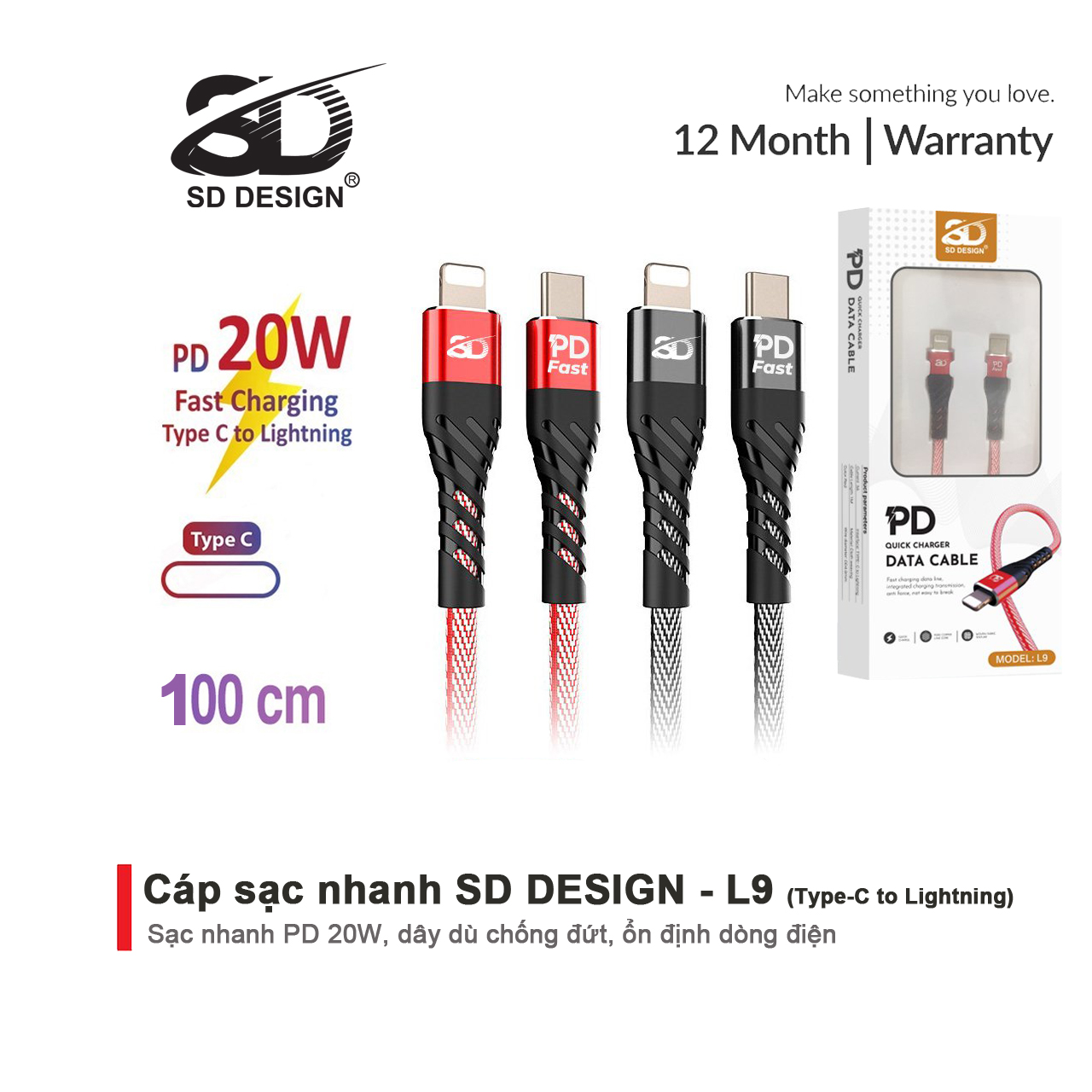 Cáp sạc nhanh 20w chính hãng SD Design L9, chân sạc USB C Sang Lighting dây dù chống đứt cho ip 6 đến 13 pro max