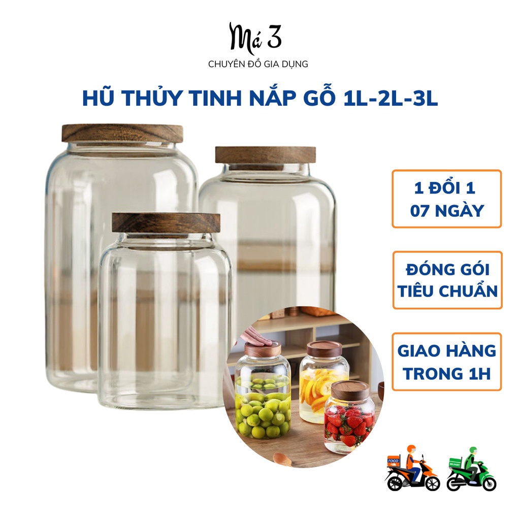 Hủ thủy tinh nắp gỗ nhiều dung tích, bình thủy tinh trang trí nắp gỗ tròn 1L, 2L, 3L