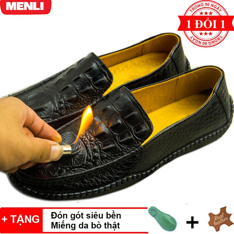 [SIÊU RẺ] Giày lười giày mọi nam DA BÒ 100% MENLI  GLLZ148 dập vân cá sấu trẻ trung (Đen, Nâu)