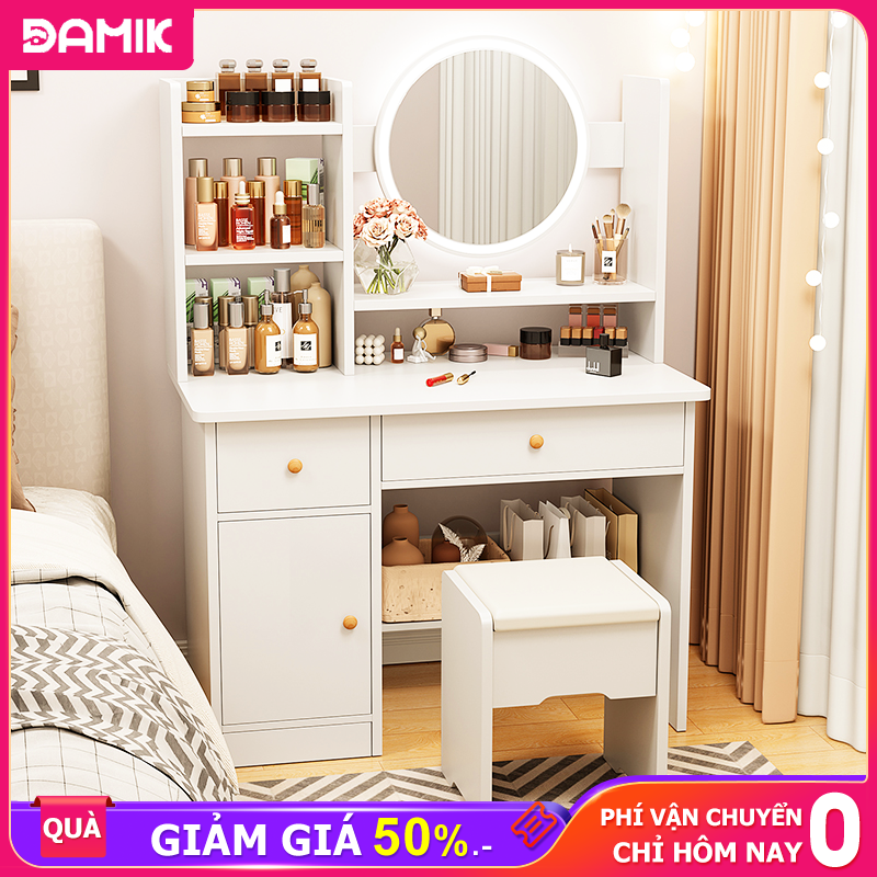 DAMIK Bàn trang điểm phong cách hiện đại có đèn lED có 2 ngăn kéo tủ để đồ trang điểm decor, làm việc