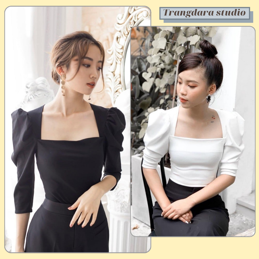 Áo cổ vuông tay phồng lỡ thanh lịch màu trắng, đen