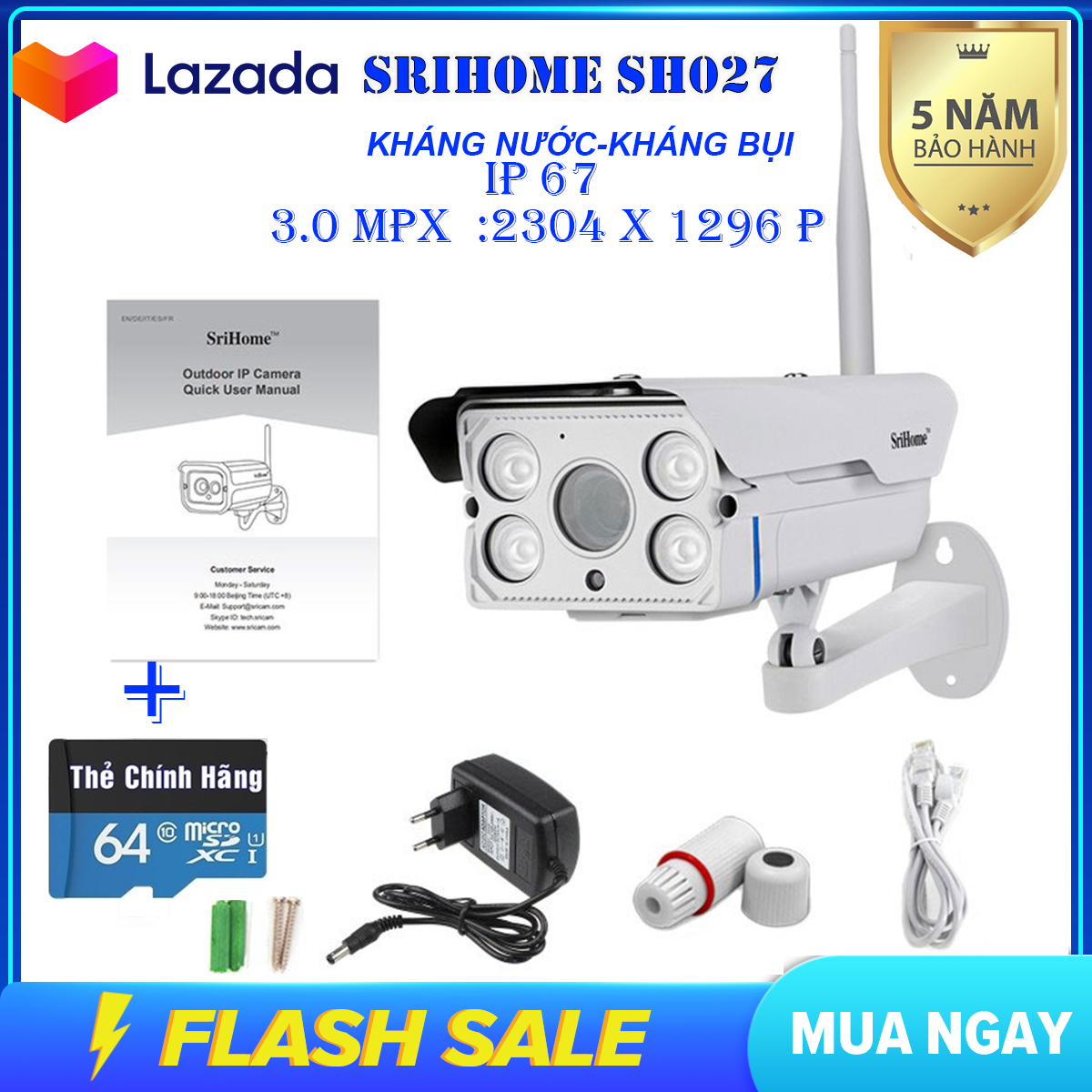 [KÈM THẺ CHUYÊN DỤNG 64GB] Camera Wifi SriHome SH027 - Camera không dây siêu nét 3.0 mpx - camera ngoài trời - camera trong nhà - camera chống nước - chống ngược sáng  [CHÍNH HÃNG] [BẢO HÀNH 5NĂM]