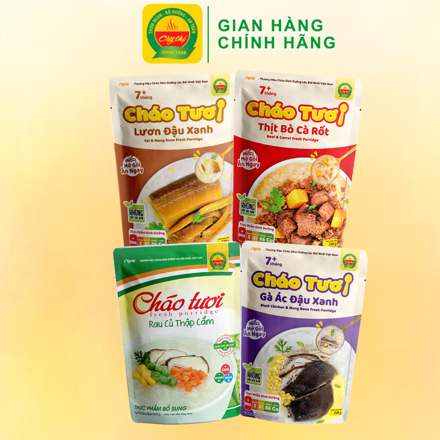 Combo 4 Gói Cháo Tươi Cây Thị Vị: Gà Ác Đậu Xanh, Lươn Đậu Xanh, Thịt Bò, Rau Củ Thập Cẩm