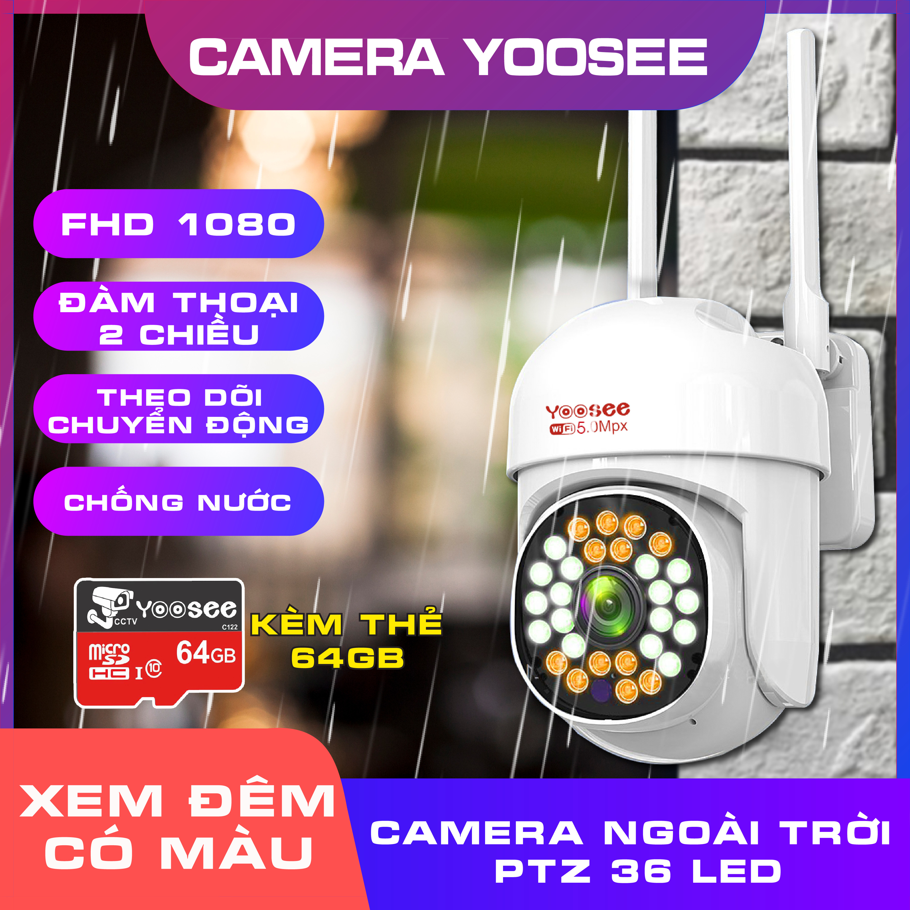 Camera ip yoosee ngoài trời ptz mini 36led 5.0mpx 1080p - xoay 360 độ - chống nước xem đêm có màu - không có cổng lan