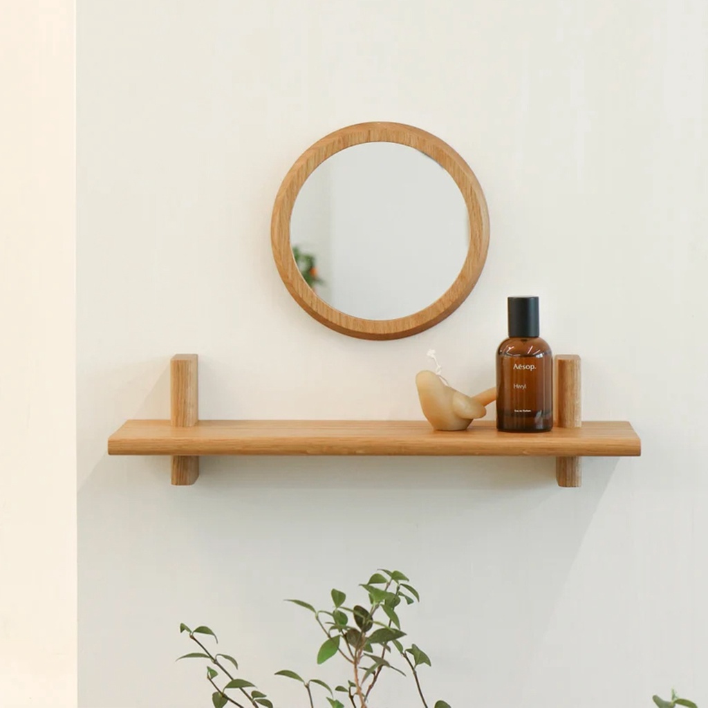 Kệ gỗ treo tường thanh ngang + gương tròn cao cấp, giá treo tường kệ trang trí hiện đại - KG001