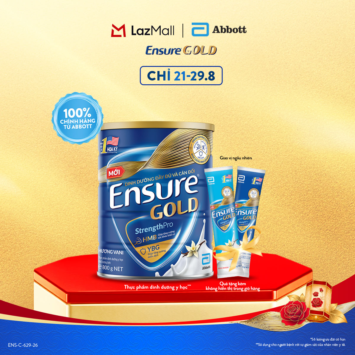 [CHỈ 21-29.8 GIÁ TỐT MUA NGAY-SLCH] [Tặng 2 gói dùng thử vị ngẫu nhiên] Sữa bột Ensure Gold hương Vani 800g