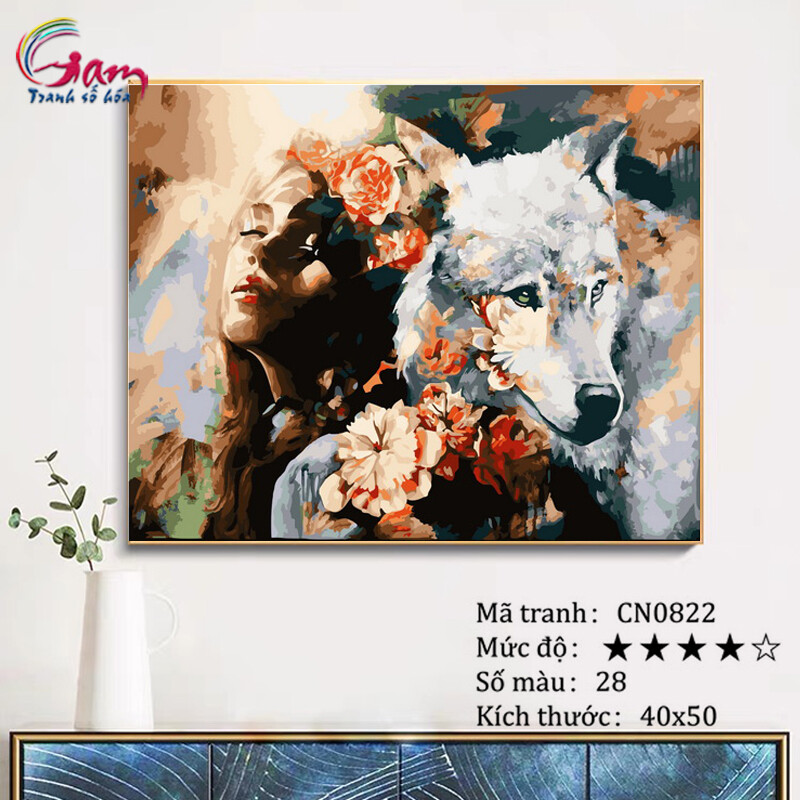 Tranh tô màu theo số sơn dầu số hóa Tranh con người và thiên nhiên Cô gái và chó sói CN0822