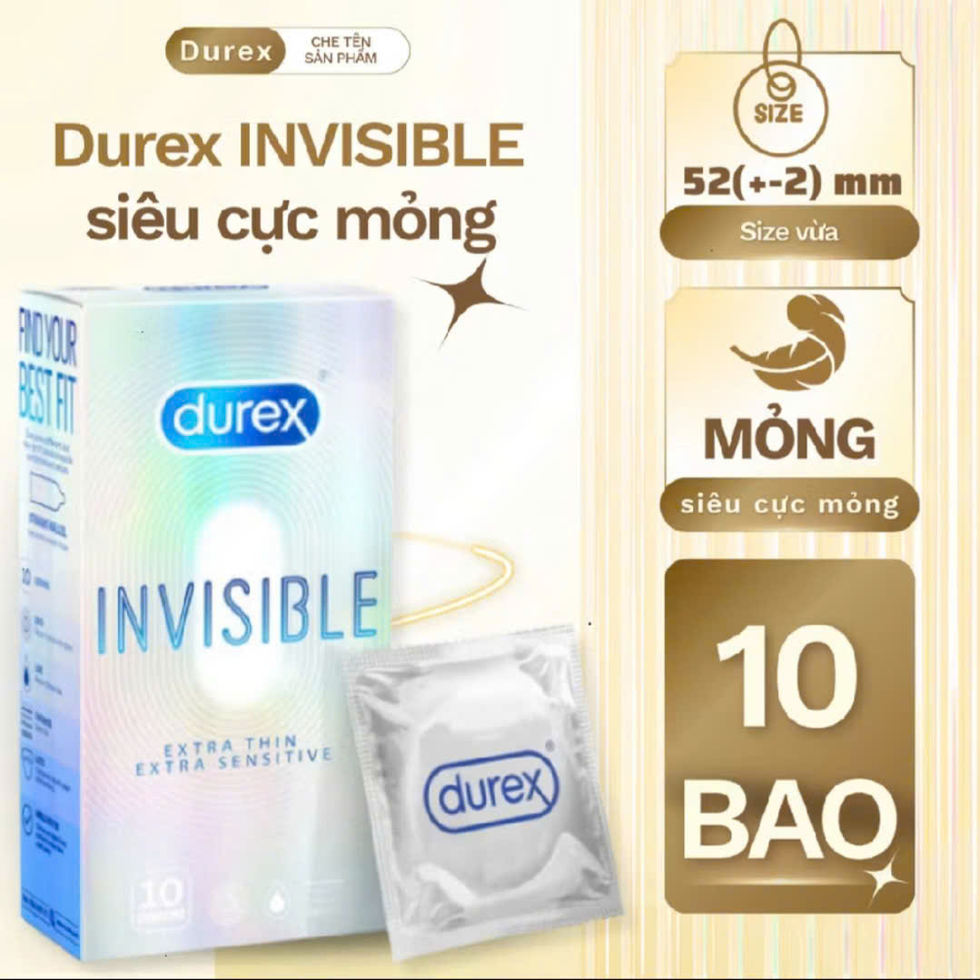 Bao Cao Su Durex Invisible Siêu Mỏng Tằng Hình.Sire 52mm.Hộp 10 cái.