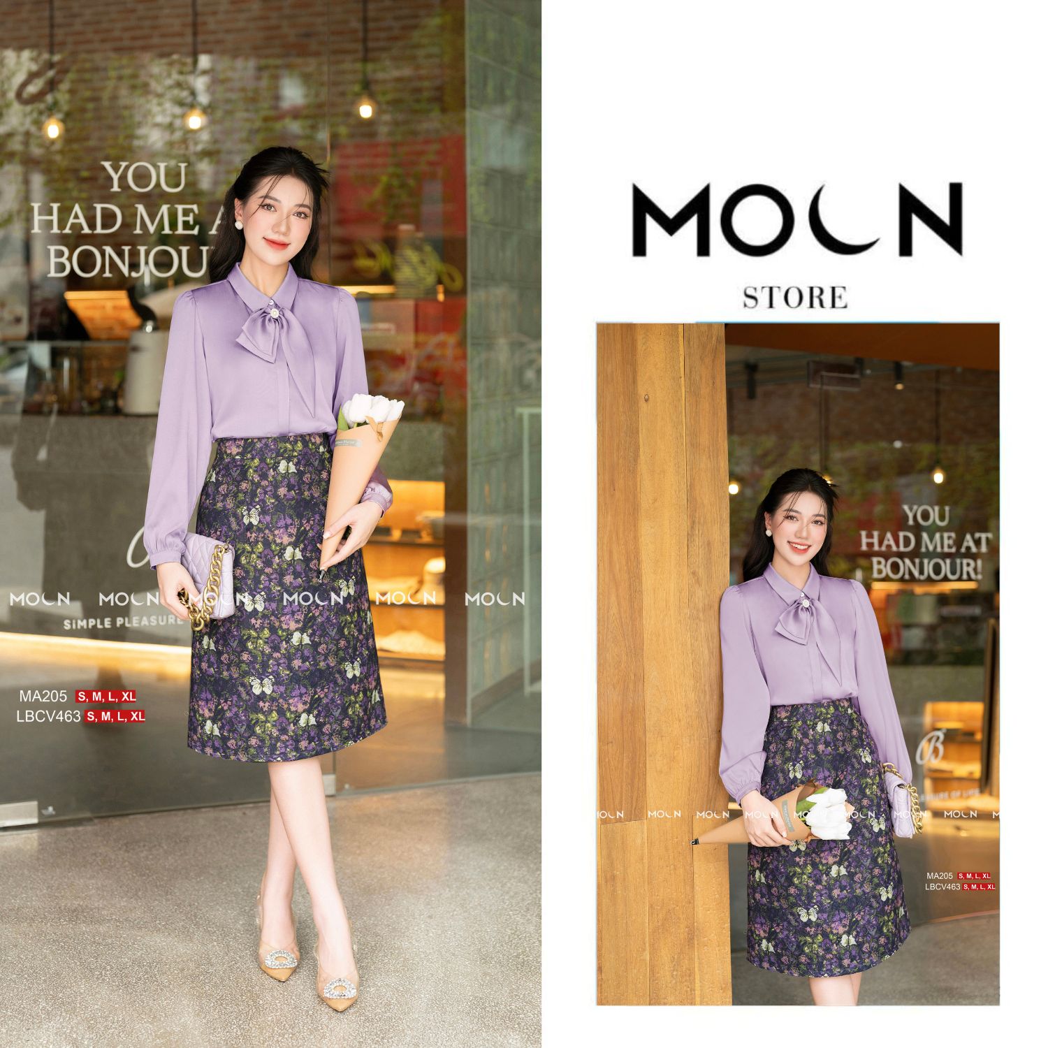 Áo sơ mi mix chân váy công sở Moon, áo dài tay cổ nơ chất lụa ngọc MA205 chân váy chéo lì sang chảnh MCV371 mix quần kaki MQ521