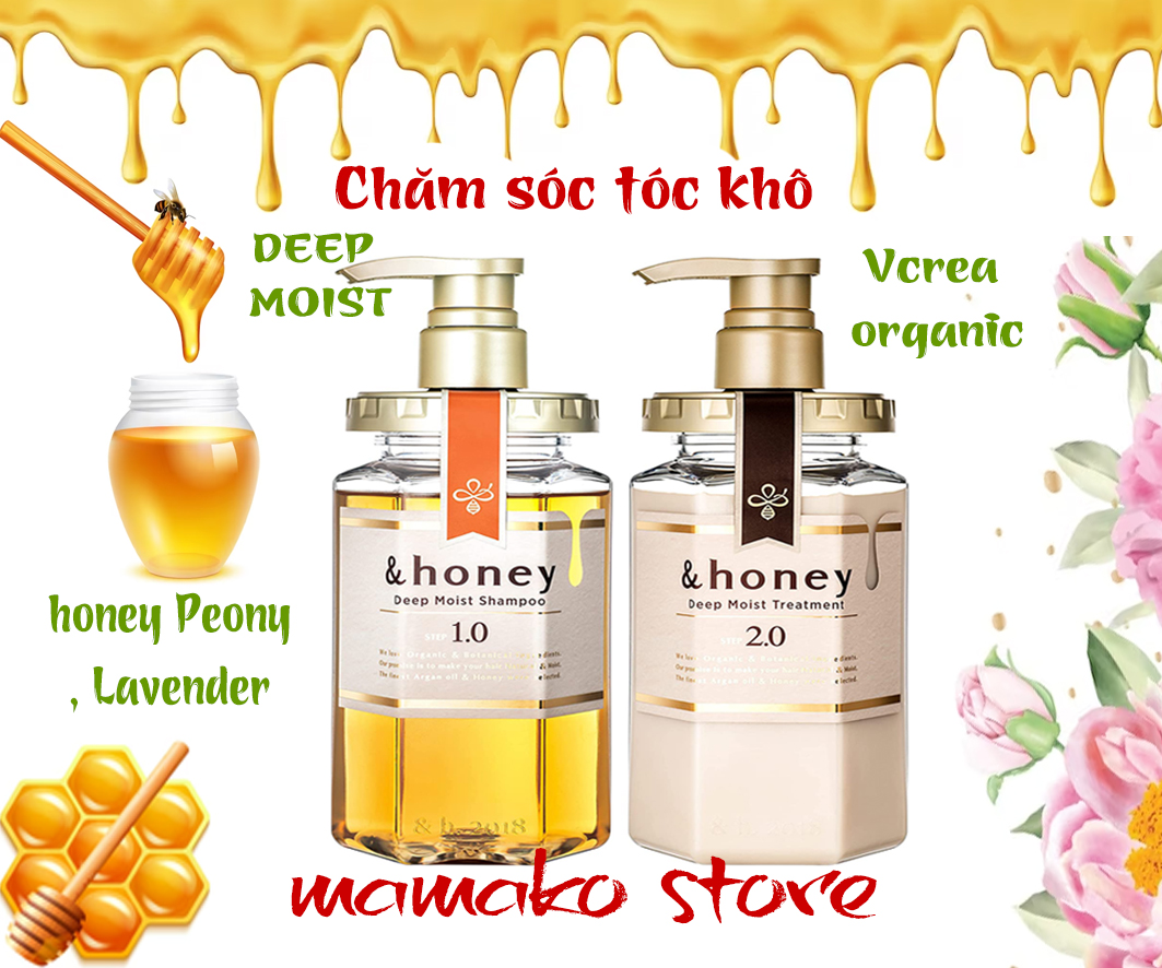 Dầu gội Honey Vcrea Organic hữu cơ Honey màu vàng trắng Deep Moist 440ml/chăm sóc tóc khô