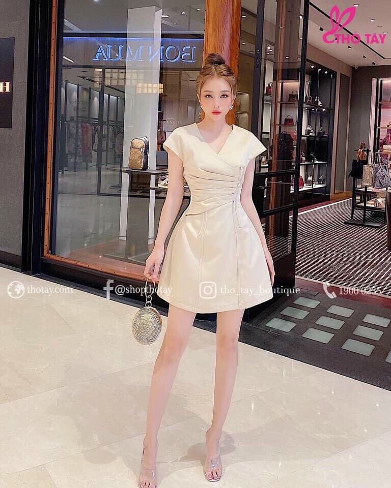 Đầm nữ đầm dự tiệc cổ V bo eo đính cườm