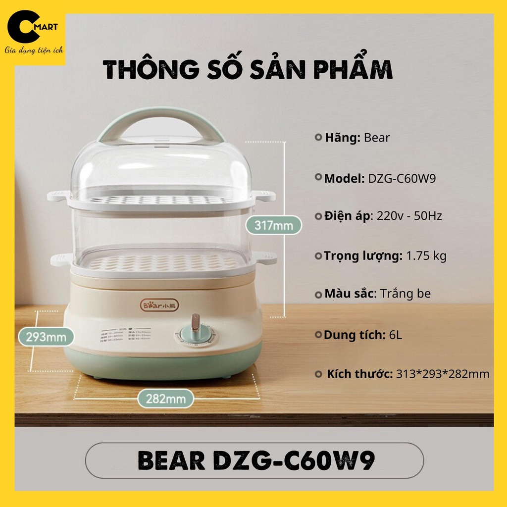 Nồi hấp hai tầng bear dzg-c60w9 chính hãng dung tích 6l