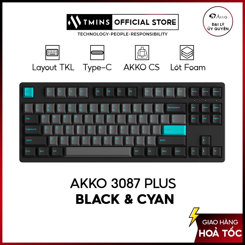 Bàn phím cơ akko 3087 plus black & cyan foam tiêu âm / akko cs switch - bảo hành 12 tháng